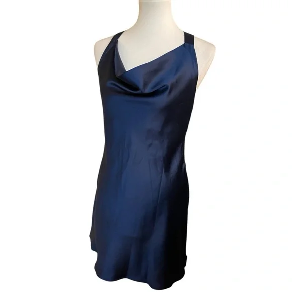 Navy Draped Cowl Neck Satin Sleeveless Dress - Picture 11 of 12